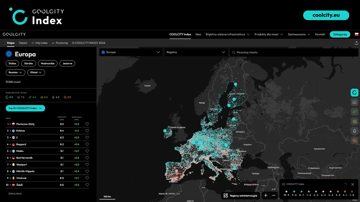Top 10 miast wg COOLCITY Index w Europie